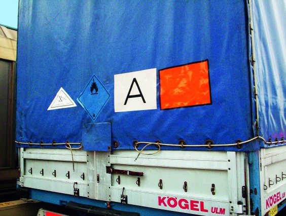 Semi-trailer correctly marked for waste and hazardous goods during sea transport